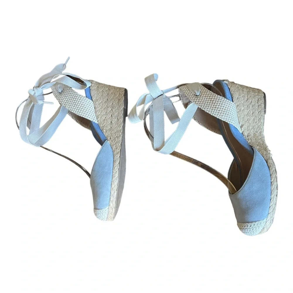 Vionic Espadrille Wedges Strappy Tie Aruba Maris Blue and Khaki
